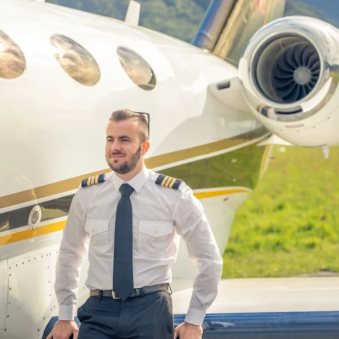 Aviator posing near aircraft on runway